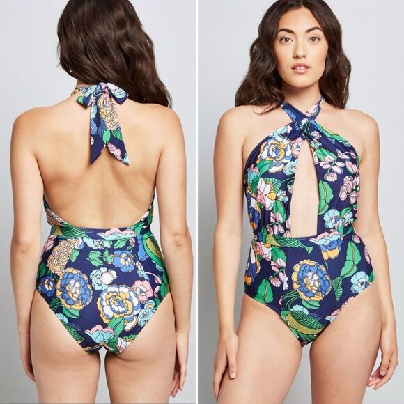 NEW ModCloth The Bethany One-Piece Swimsuit Size Large Navy Floral Plunge Halter - Picture 14 of 14